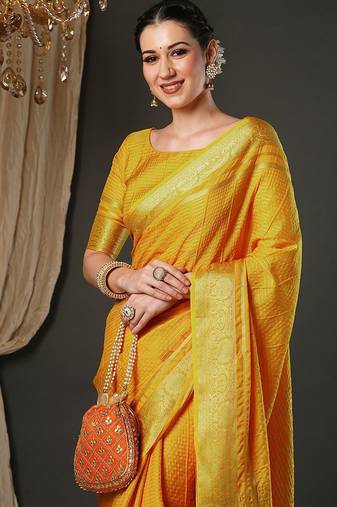 Yellow woven design zari banarasi saree