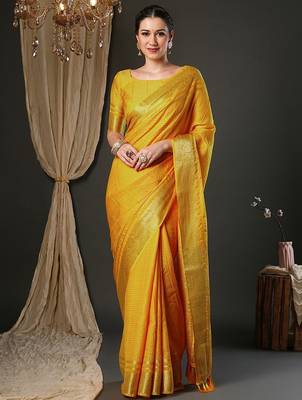 Yellow woven design zari banarasi saree 2