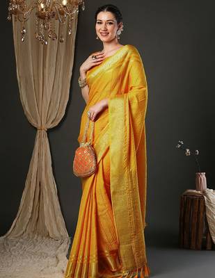 Yellow woven design zari banarasi saree 4