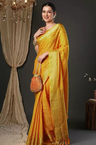 Yellow woven design zari banarasi saree