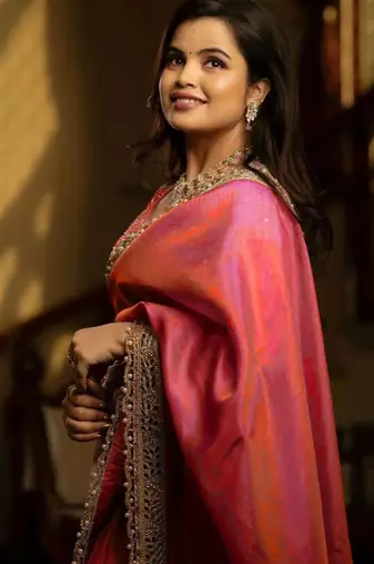 Pink solid embellished mirror work tissue celebrity saree