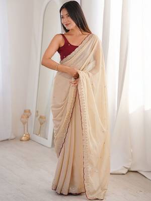 Cream embellished sequinned  georgette saree 1