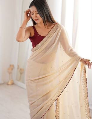 Cream embellished sequinned  georgette saree 2