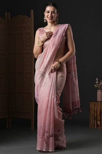 Pink floral printed organza saree