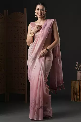 Pink floral printed organza saree
