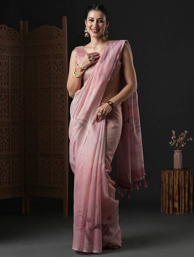 Pink floral printed organza saree