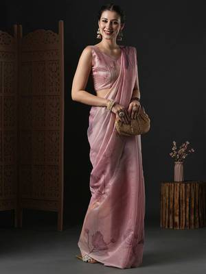 Pink floral printed organza saree 2