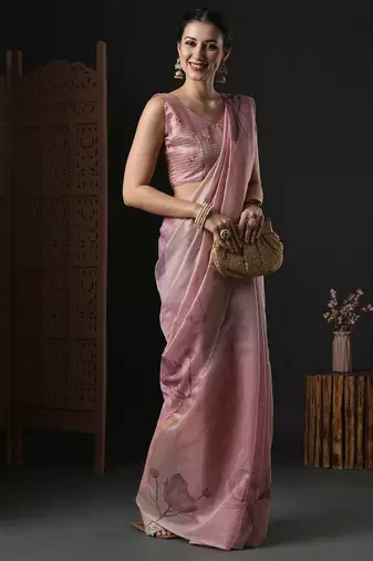 Pink floral printed organza saree