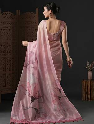 Pink floral printed organza saree 3