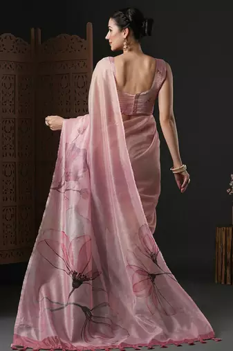 Pink floral printed organza saree