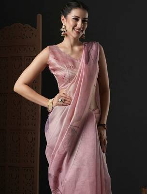 Pink floral printed organza saree 4