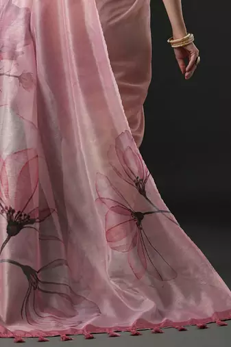Pink floral printed organza saree