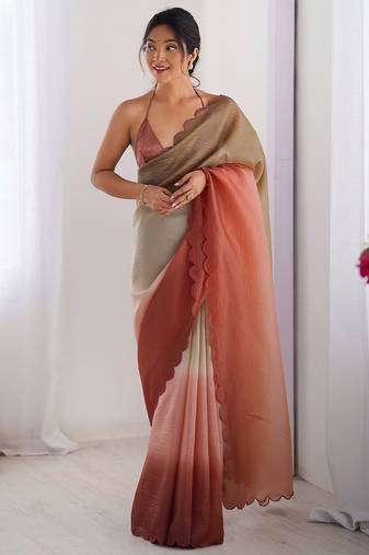 Brown ombre embroidered party wear  chiffon saree with matching blouse