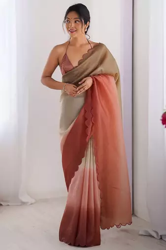 Brown ombre embroidered party wear  chiffon saree with matching blouse