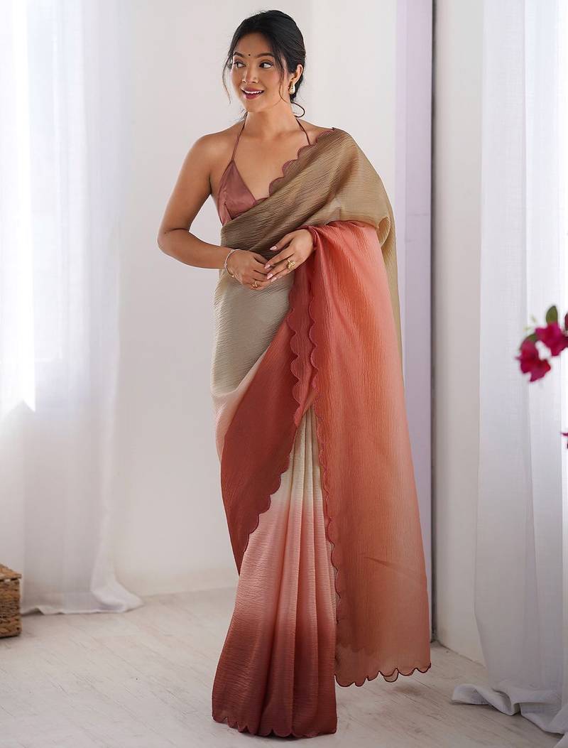 Brown ombre embroidered party wear  chiffon saree with matching blouse