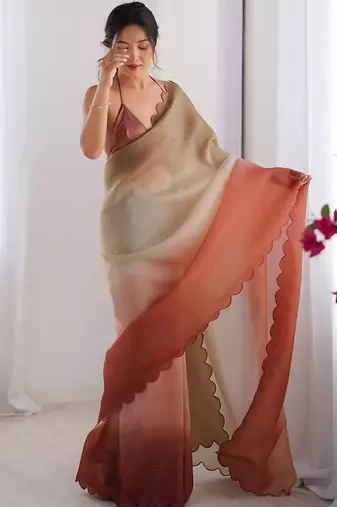 Brown ombre embroidered party wear  chiffon saree with matching blouse