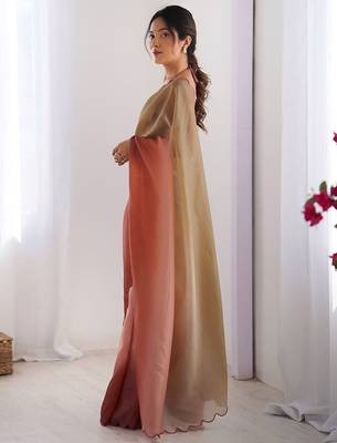 Brown ombre embroidered party wear  chiffon saree with matching blouse 3