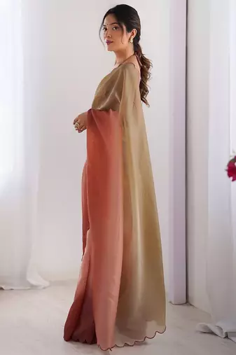 Brown ombre embroidered party wear  chiffon saree with matching blouse