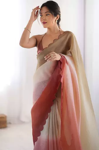 Brown ombre embroidered party wear  chiffon saree with matching blouse