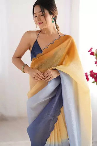 Mustard scallop border  chiffon saree