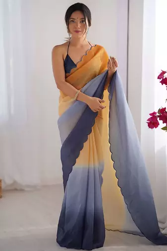 Mustard scallop border  chiffon saree