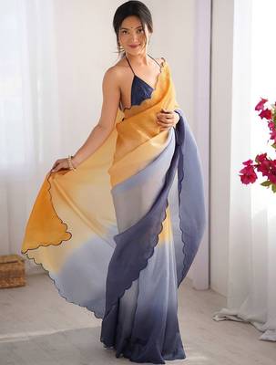 Mustard scallop border  chiffon saree 3