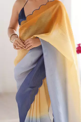 Mustard scallop border  chiffon saree