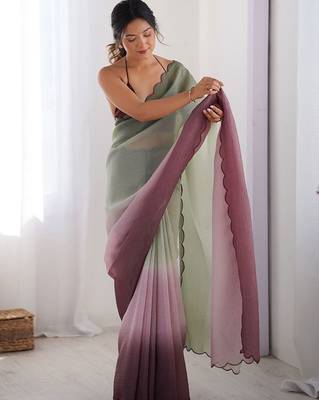 Green women ombre embroidered chiffon saree 1