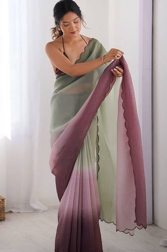 Green women ombre embroidered chiffon saree