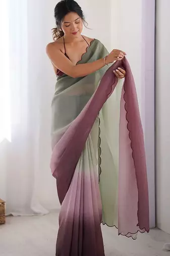 Green women ombre embroidered chiffon saree