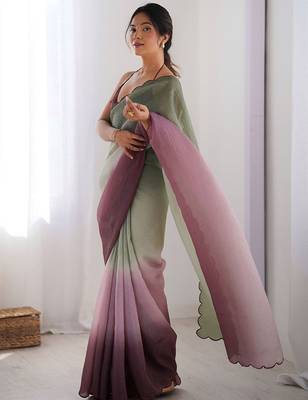 Green women ombre embroidered chiffon saree 2