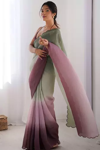 Green women ombre embroidered chiffon saree