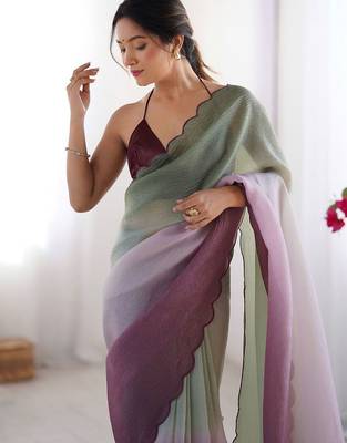 Green women ombre embroidered chiffon saree 3
