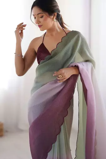 Green women ombre embroidered chiffon saree