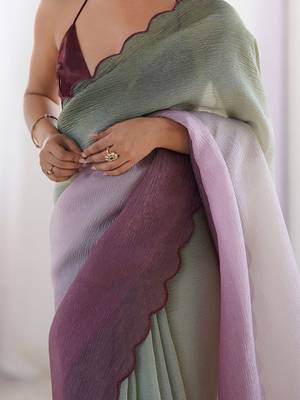 Green women ombre embroidered chiffon saree 4