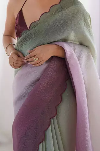 Green women ombre embroidered chiffon saree
