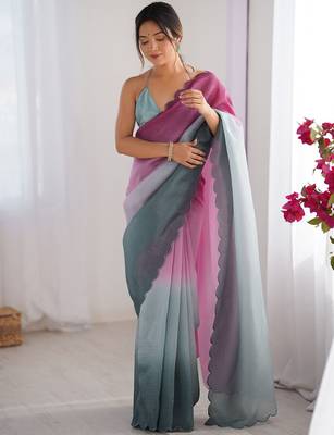 Pink women ombre dyed embroidered  chiffon saree 1
