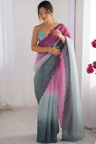Pink women ombre dyed embroidered  chiffon saree