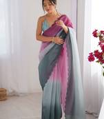 Pink women ombre dyed embroidered  chiffon saree