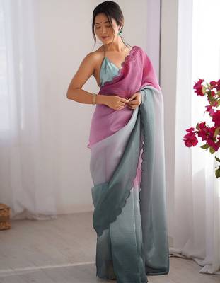 Pink women ombre dyed embroidered  chiffon saree 2