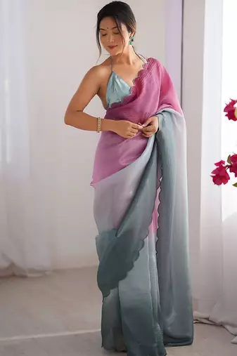 Pink women ombre dyed embroidered  chiffon saree