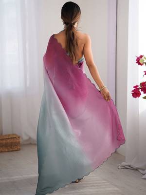 Pink women ombre dyed embroidered  chiffon saree 3