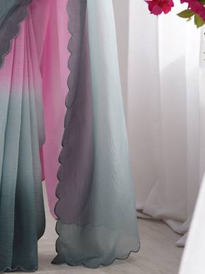 Pink women ombre dyed embroidered  chiffon saree 5