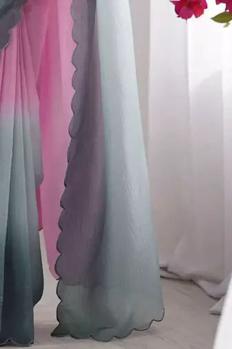 Pink women ombre dyed embroidered  chiffon saree