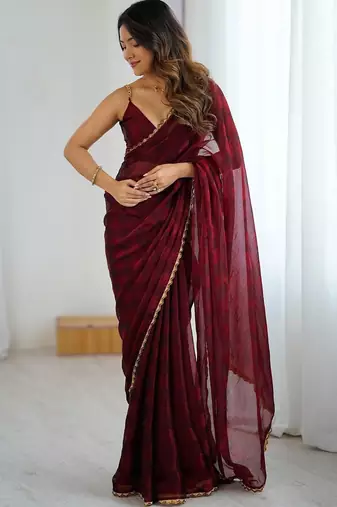 Burgundy burgundy embellished  chiffon sarees