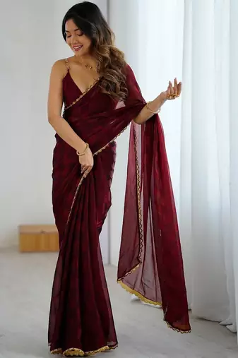 Burgundy burgundy embellished  chiffon sarees