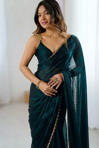 Teal teal embellished  chiffon sarees