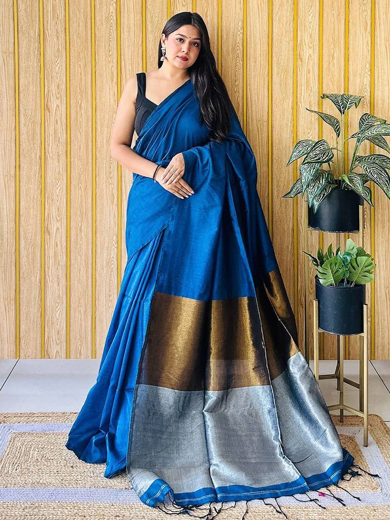 Teal  cotton saree with blouse piece