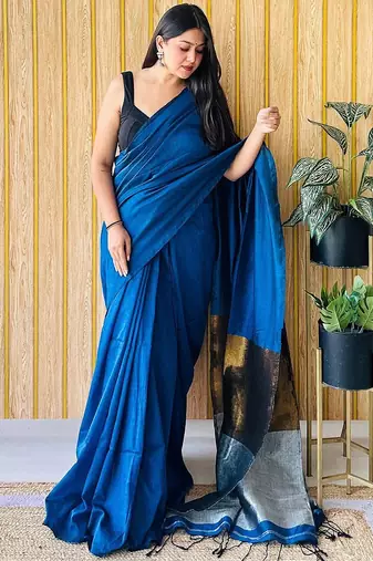 Teal  cotton saree with blouse piece