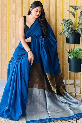 Teal  cotton saree with blouse piece